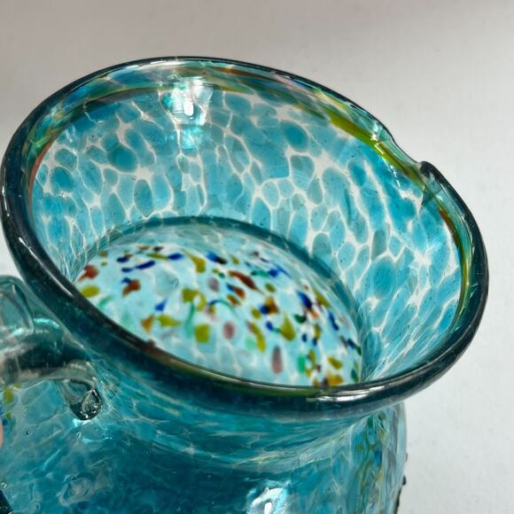 Mexican Hand Blown Glass Art Pitcher Turquoise Multi-Color Confetti 8.5" - Picture 13 of 16